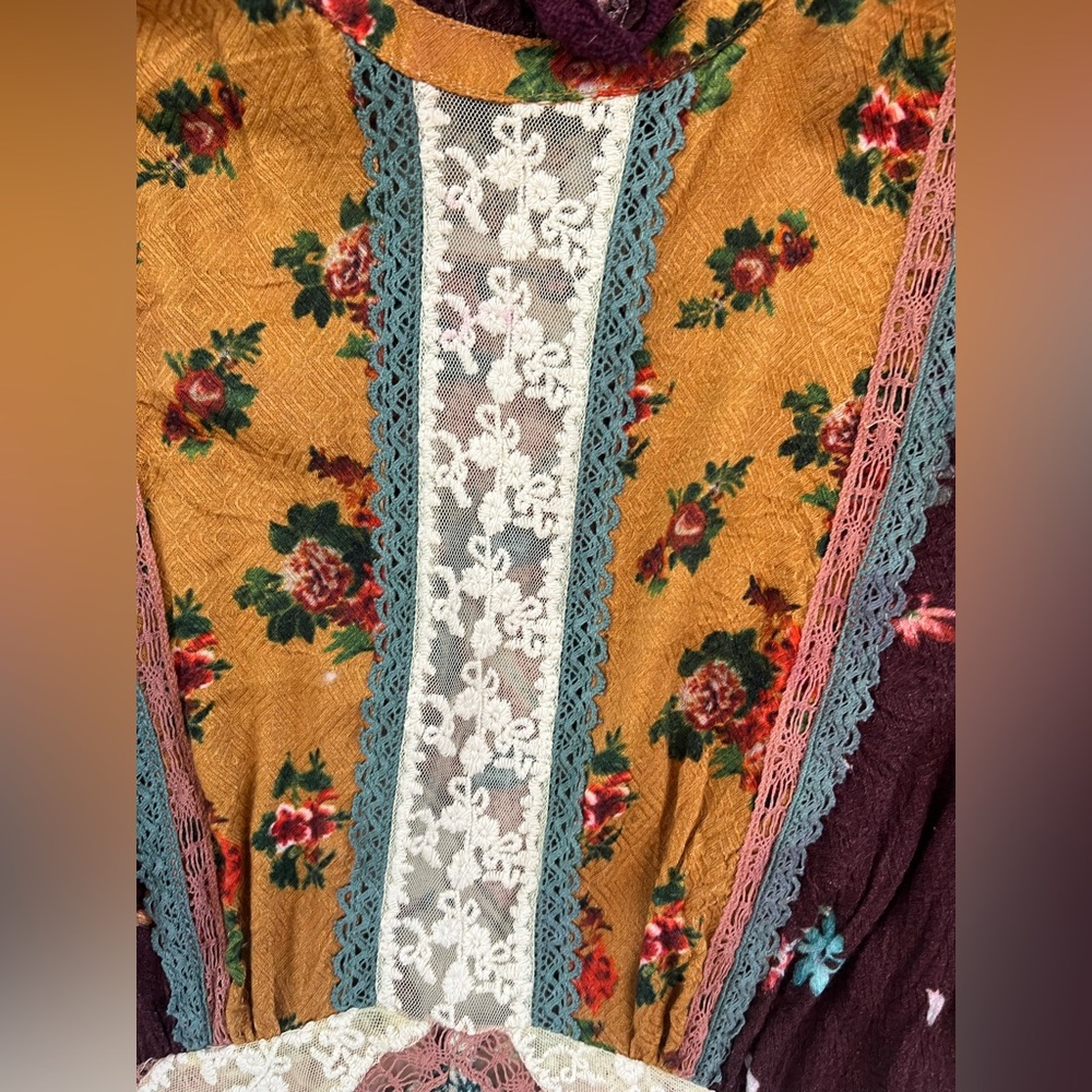 Free People Multicolor patches lace detailed Long Sleeve mesh back Dress, sz 10 - Picture 3 of 7